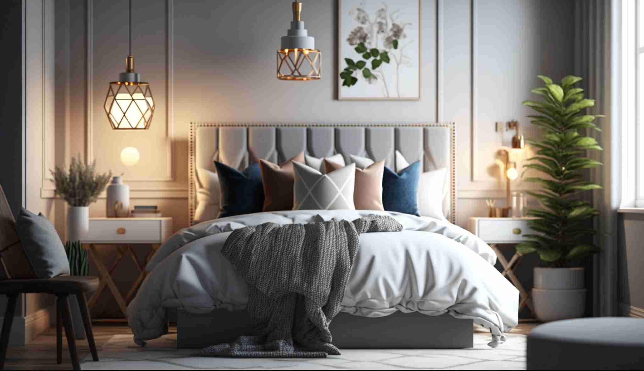 Bright modern bedroom styled by an interior stager