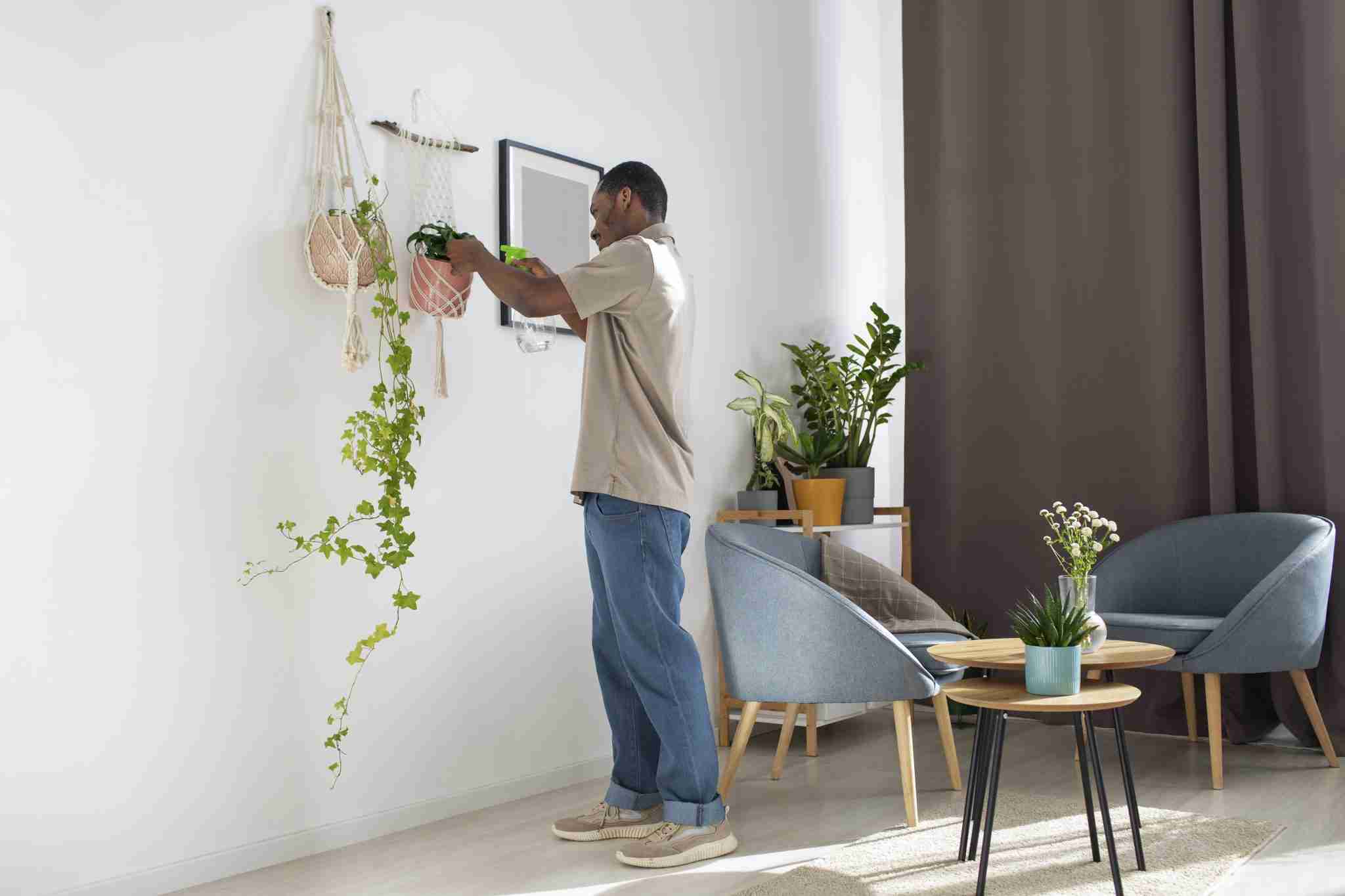 Man tending to plants in a staged interior